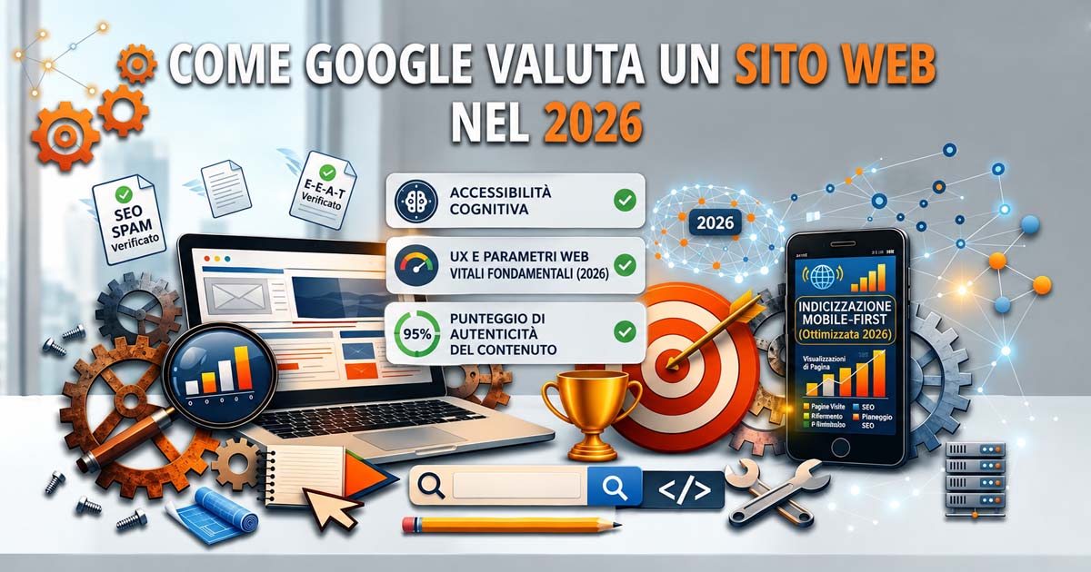Illustrazione con laptop, smartphone, grafici SEO e indicatori di qualità che mostrano come Google valuta un sito web nel 2026, includendo accessibilità cognitiva, UX, autenticità dei contenuti e ottimizzazione mobile‑first