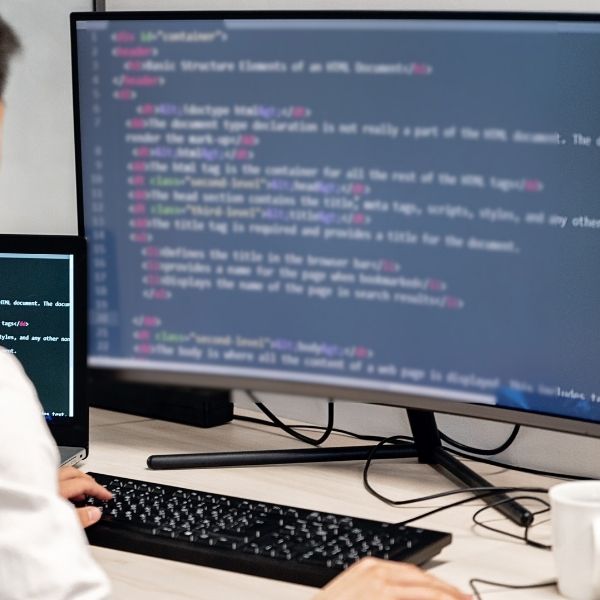 Programmatore che lavora al codice HTML per creare un sito web professionale ottimizzato secondo le regole di Google
