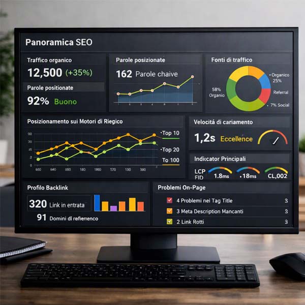 Monitor con dashboard SEO in italiano che mostra grafici, metriche e dati per analizzare la qualità e le prestazioni di un sito web secondo gli algoritmi di Google