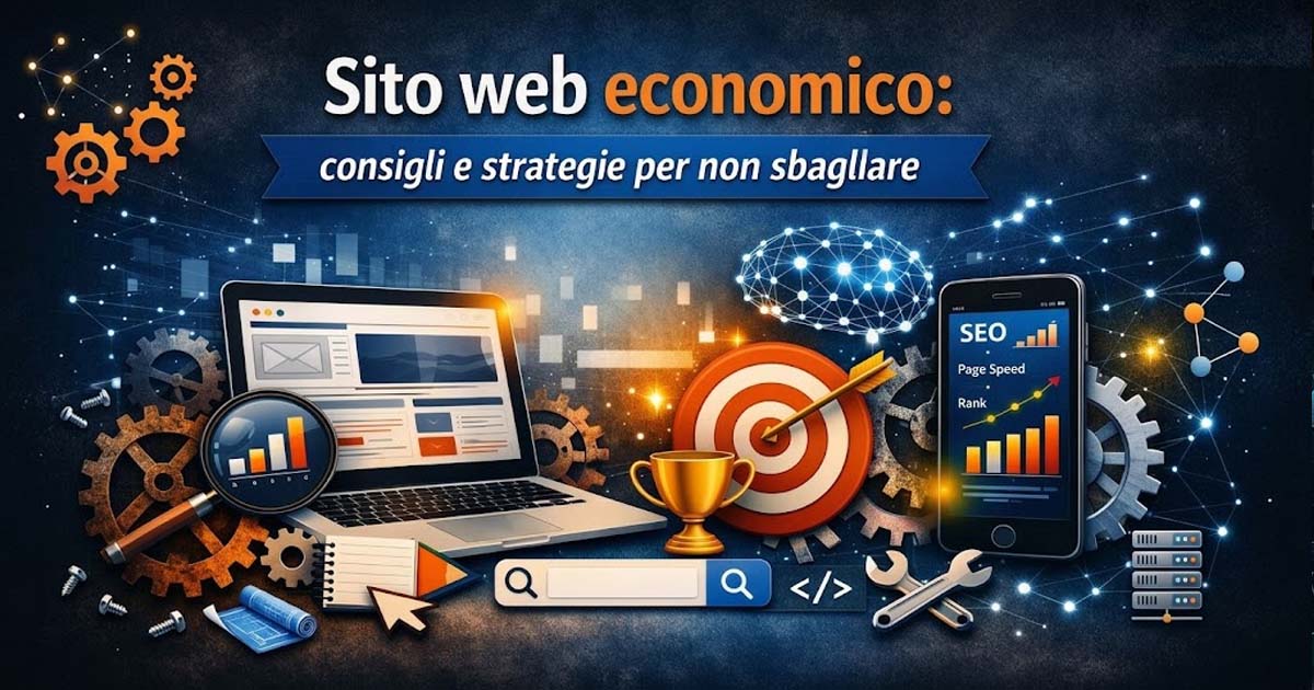 Illustrazione con laptop, smartphone e grafici SEO che rappresentano consigli e strategie per valutare il vero valore di un sito web economico
