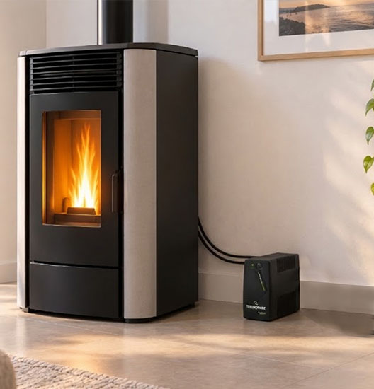 Rappresentazione concettuale IA di un gruppo di continuità UPS Tecnoware Era Plus 650VA compatto installato accanto a una stufa a pellet moderna in un ambiente domestico